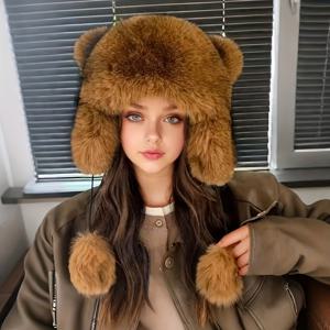 TEMU 여성용 플러시 너구리 꼬리 겨울 모자 - 귀여운 푹신한 귀와 꼬리, 가볍고 따뜻한 브라운 인조 소재 - 스키, 크리스마스, 일상용 - 손세탁 가능한 신축성 없는 포근한 추위 방지 액세서리 (S 및 유사 스타일)