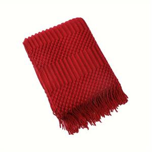 TEMU 현대 니트 술 장식 담요 - 소파, 침대, 사무실, 캠핑 및 여행을 위한 부드럽고 따뜻한 빨간색 아크릴 던지기 - 캐주얼 사용, 낮잠을 위한 다재다능한 장식 던지기 - 여성, 성인, 학생, 청소년에게 적합 - 모든 계절 편안함