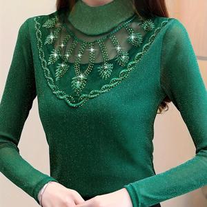 TEMU 여성용 폴리에스터 블렌드 하이넥 티셔츠, 레이스 디테일, 긴팔, 단색, 가을/겨울용 섹시 스타일