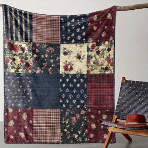 TEMU 1pc 빈티지 스타일 패치워크 플로럴 프린트 플리스 던스 이불 - 편안한 부드러운 니트 폴리에스테르 커버, 소파, 침대, 사무실, 캠핑, 여행을 위한 올 시즌 편안함 - 이상적인 선물 이불입니다.