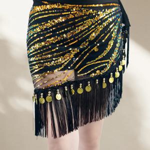 TEMU 여성용 벨리 댄스 힙 스카프, 블랙 기하학 패턴, 폴리에스터, 짧은 길이, 벨트 디테일, 할로윈 의상 및 삼바 댄스 공연에 적합한 댄스 의상 액세서리 | 스팽글 프린지 장식 | 직조 폴리에스터