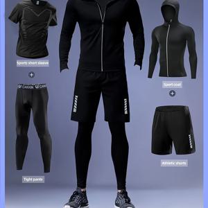 TEMU 남성용 트랙수트 4종 세트 - 고탄력 퍼포먼스 짐웨어 (수영장 사용 불가), 반사 지퍼 후드 자켓, 슬림핏 티셔츠, 반바지 & 팬츠 - 농구, 사이클링, 야외 활동용 4계절 트레이닝 의상 - 폴리에스터/엘라스티크