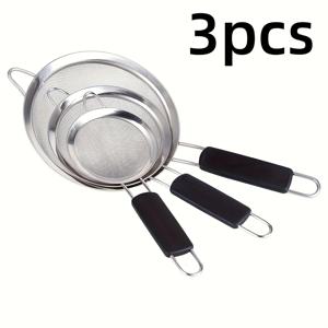 TEMU 가정용 대형 스테인리스 세트 3종, 콩나물 및 핫팟 배수용 블랙 손잡이 밀가루 체 주방 도구 필터 메쉬 콜랜더