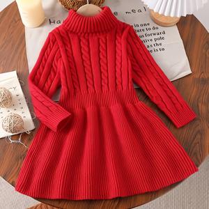 TEMU 여아용 하이넥 니트 크리스마스 스웨터 원피스 | 긴소매, 가을/겨울, 단색, 중간 정도 신축성 있는 원단, 풀오버 스타일|드레스