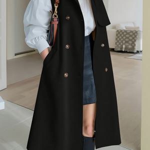 TEMU 여성용 우아한 블랙 민소매 트렌치 코트 - 캐주얼 비즈니스 스타일 버튼 디테일, 라펠 칼라, 긴 소매, 봄/가을에 완벽, 캐주얼 비즈니스 의상|슬림한 블랙 코트|버튼 디테일 코트