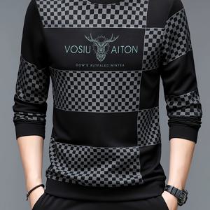 TEMU 남성용 긴팔 크루넥 스웨트셔츠 - 블랙 & 틸 액센트, 레귤러 핏 풀오버 - 일상 및 정장용, 체크무늬 패턴, 내구성 강한 기계 세탁 가능 캐주얼 상의