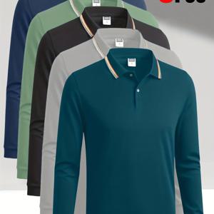 TEMU 신상 남성용 가을 긴팔 버튼업 셔츠 5pcs, 칼라 디자인, 심플하고 세련된 스타일, 통기성 원단, 업무, 여가, 여행, 회의, 파티 등 다양한 장소에 적합, 레저 의류,여행용 의상,현대 남성복,심플 패션,부드러운 질감,버튼업 탑,폴로 셔츠,여행 필수품,파티웨어|오피스룩|골프웨어