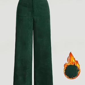 TEMU 여성용 우아한 다크 그린 레그 팬츠 - 하이웨이스트 와이드 레그 포켓 팬츠, 포멀 이벤트 & 캐주얼 복장용, 주름 방지 & 세탁기 사용 가능 (비침 없음)