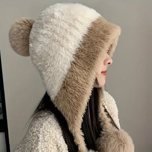 TEMU 여성용 겨울 비니 모자, 플러시 귀걸이 & 퍼리 볼 장식 - 두꺼운 기모 안감 따뜻한 겨울 모자, 5가지 색상 () - 부드러운 플러시 안감 &|볼캡
