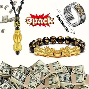 TEMU 3피스 남성용 풍수 부와 행운 주얼리 세트 - 천연석 비즈 & 중국식 번영 부적 (조절 가능한 목걸이, 팔찌, 반지) - 금색 아뮬렛 선물, 사업 성공, 결혼식, 설날용 - 사계절 내내
