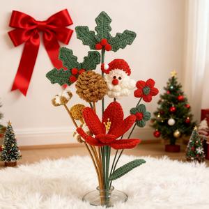 TEMU 8개 손뜨개 크리스마스 꽃다발 (산타 모자, 홀리 잎 & 빨간 꽃 포함) – 축제 분위기 홈 데코, 선물로 완벽, 크리스마스 홈 데코, | 축제 꽃다발 | 핸드메이드 장식, 크리스마스 화환