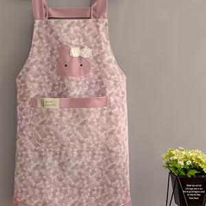 TEMU 일본/한국 스타일 귀여운 앞치마 - 조절 가능한 러플 밑단 & 퍼프 소매 디자인, 플라스틱 핑크에 플로럴 패턴, 베이킹/정원 가꾸기에 적합한 튼튼한 디자인