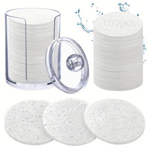 TEMU 100개입 압축 페이스 스펀지 세트, 천연 클렌징 패드, 피부 각질 제거기, 미용사 추천 메이크업 리무버 키트 (컨테이너 포함)