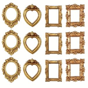 TEMU 12개 빈티지 미니 액자 - 우아한 골드 톤 바로크 레진 벽걸이형 디스플레이 케이스, 화려한 모서리 & 하트 모양 컷아웃, 웨딩, 크리스마스, 홈 데코 - 사진 사이즈 호환, 미니어처 액자