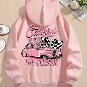 TEMU 캘리포니아 자동차 경주 프린트 드로스트링 후디, 캐주얼 포켓 롱 슬리브 스웨트셔츠, 여성 의류