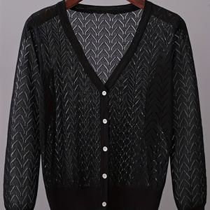 TEMU 여성용 가벼운 아이스 실크 카디건 - V넥 오픈 프론트 반투명 긴팔 버튼업 스웨터, 사계절 캐주얼 & 포멀 룩 레이어링 피스, 우아한 디자인의 패턴이 있는 카디건