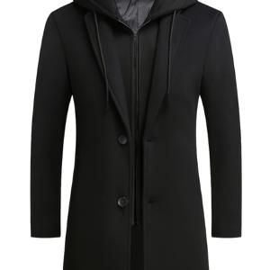 TEMU 남성용 플러스 사이즈 블랙 후드 트렌치 코트 - 지퍼와 버튼이 있는 세련된 겨울 아우터웨어, 가을과 겨울을 위한 캐주얼 스트리트웨어, 캐주얼 겨울웨어 | 세련된 후드 코트