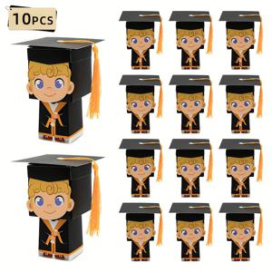 TEMU 졸업 선물용 캔디 박스 10개 세트 - 소년 & 소녀 졸업 모자 캐릭터 만화, 검정 & 금색 태슬, 견고한 종이 파티 용품, 교실 축하 행사용, 생동감 있는 캐릭터 스타일 디테일