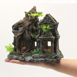 TEMU 1개 창의적인 수지 어항 장식 - 뿌리 영감 디자인의 고대 해안 성, 수생 생물 은신처, 천연 이끼 & 잎사귀 장식, 수족관 조경에 이상적, 어항 장식