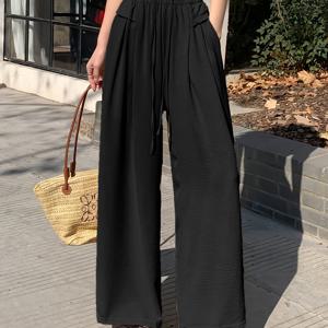 TEMU 솔리드 컬러 팬츠, 여성 하이웨스트 슬리밍 포켓 드로우스트링 플리츠 루즈 와이드레그 팬츠, 여성 스포츠 롱 팬츠