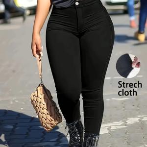 TEMU [1장 여성용 섹시 스키니 진] 여성용 섹시 스키니 진, 비스코스 블렌드 스트레치 원단, 단색, 버튼 디테일, 가을/겨울 짜임 바지