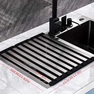 TEMU 스테인레스 스틸 접이식 싱크 배수 랙, 현대 직사각형 디자인, 싱크 위 멀티 기능 쉘프, 실리콘 엣지가 있는 접이식 주방 보관 랙|식기건조대