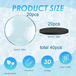 TEMU 40개의 대형 원형 유리 냉장고 자석, 메시지를 냉장고에 남기기 위해 사용, 검정색 보드에 콘텐츠를 표시, 공공 정보를 보여주기 위해 사용. 접착제가 붙어있는 투명한 곡선 유리 표면이 포함되어 있으며, 20개의 유리 조각과 20개의 접착제가 붙어있는 조각이 포함되어 있습니다. DIY 수제 재료