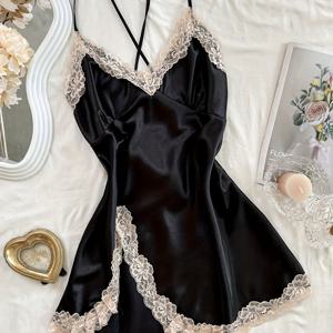 TEMU 여성용 섹시 V넥 슬립 나이트가운, 100% 폴리에스터, 올 시즌 레이스 트림 민소매 잠옷, 단색, 짠 원단, 90gsm - 완벽한 데이 선물|나시원피스|민소매원피스