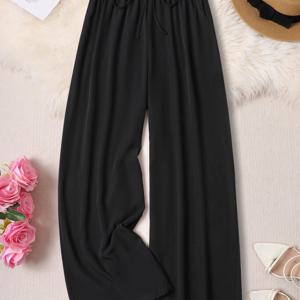 TEMU 여성용 플러스 사이즈 우아한 블랙 와이드 레그 팬츠, 신축성 있는 허리밴드 및 장식 드로스트링, 스트레치되지 않는 소재, 캐주얼한 여름 외출용 긴 길이, 캐주얼한 여름 착용 | 장식 드로스트링 팬츠 | 거품 텍스처