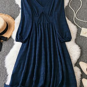 TEMU 플러스 사이즈 여성용 우아한 V넥 리본 디테일 드레스 - 네이비 블루, 세탁기 사용 가능, 사계절 캐주얼 & 포멀 핏, 슬리브 캐주얼 원피스, 부드러운 원단 가운