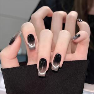 TEMU 30개 블랙 신화 수제 착용 가능한 손톱, 가을 겨울 짧은 아몬드 모양, 중간 길이, 광택 마감, 달 모양 패턴, 쿨 & 화이트닝 네일 아트 스티커