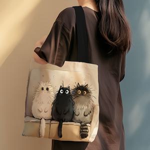 TEMU 여성용 재사용 가능한 폴리에스터 토트백 | 다색 고양이 일러스트 디자인 | 접을 수 있고 내구성이 뛰어난 쇼핑 및 식료품 가방, 튼튼한 손잡이 포함 | 고양이를 사랑하는 사람들을 위한 이상적인 선물