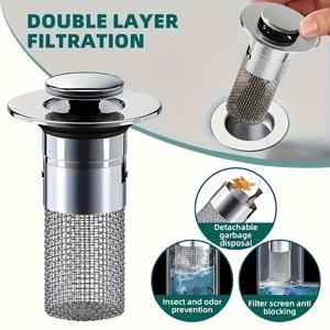 TEMU 1개 스테인리스 팝업 싱크 배수 스트레이너, 이중 필터링, 냄새 방지 바운싱 코어 스토퍼, 분리 가능한 쓰레기 침전물, 1.3-1.6인치 구멍에 맞음, 내구성 있는 금속 욕실 액세서리, 욕조용 스트레이너