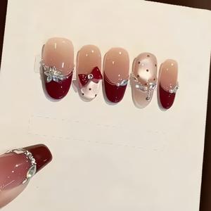 TEMU 핸드메이드 10pcs 프레스온 네일 세트, 레드 캣아이 프렌치 스타일 리본 글리터 딥 레드 라인스톤 네일, 탈착식 발레 네일로 손가락을 더 길게 연출, 파티, 프롬, 데일리웨어용 인조네일, 젤리 글루 포함, 1버퍼, 1네일파일