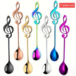 TEMU 7개 컬러 스테인리스 티스푼 세트, 음표 디자인 티스푼, 아이스티스푼, 아이스크림용 스푼, 꿀스푼, 혼합용 작은 스푼, 결혼 선물 바구니에 적합, 식기세척기 사용 가능