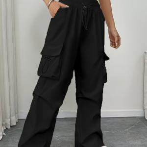 TEMU 여성용 하이웨이스트 카고 팬츠, 대형 포켓 포함 - 캐주얼 드로스트링 조깅 팬츠, 빈티지 미국 스타일, 레드, 봄과 여름에 완벽한 캐주얼 웨어 팬츠|빈티지 카고 팬츠|와이드레그 팬츠