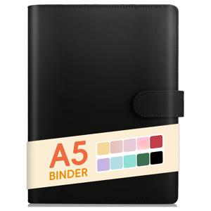 TEMU 블랙 A5 PU 가죽 바인더 6링 - 예산 책정, 저널링, 사진 카드, 레시피 등을 위한 리필 가능 노트북 커버 - 자석 잠금장치, 컴팩트 디자인, 다양한 색상 옵션(핑크, 오렌지, 옐로우, 그린, 블루, 퍼플)