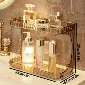 TEMU 투층 골든 아크릴 메이크업 정리대 - 투명 플라스틱 화장품 보관 선반 (립스틱, 세럼, 향수, 스킨케어용) - 현대적인 두단형 화장대 및 욕실 카운터 장식 액세서리