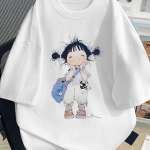 TEMU 여성용 Y2K 애니메이션 카와이 티셔츠 - 귀여운 포니테일 & 백팩 프린트, 오버사이즈 반팔 라운드넥 티, 95% 폴리에스터 5% 엘라스테인, 캐주얼 만화 스타일 아웃핏|반팔티|반팔티셔츠