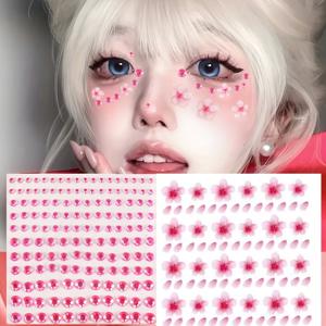 TEMU 스테이지 메이크업용 핑크 벚꽃 꽃 눈물 스티커 2개 세트, 얼굴 및 눈가용 플라워 티어 스티커, 눈썹 중심 및 눈물 장식용 페이셜 메이크업 스티커