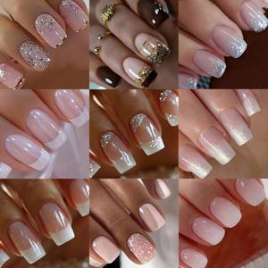 TEMU 여성을 위한 216피스 숏 스퀘어 네일 세트, 여름 데일리 심플 골든 실버리 글리터 화이트 프렌치 스타일 그라데이션 풀 커버리지 인조 네일 스티커 세트