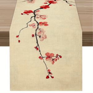 TEMU 1pc 우아한 빨간 배추 꽃 테이블 러너 - 중국 스타일 잉크 꽃 디자인, 폴리에스터, 봄 & 여름에 이상적, 실내/실외 식사, 입구, 커피 테이블, 거실 장식, 가족 모임, 및 일상 사용에 완벽한 테이블 장식