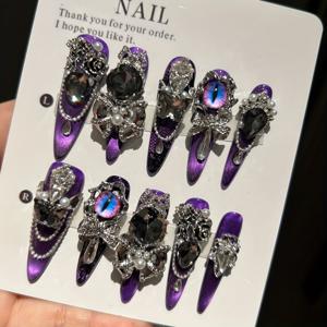 TEMU 10개 순수 핸드메이드 할로윈용 보라색 고양이 눈, 레이스 바닥, 오버사이즈 반짝이는 글리터 네일 아트, 봄·여름·가을·겨울용 화이트 인조 손톱