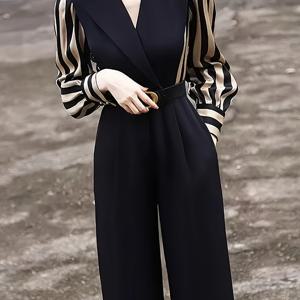 TEMU 새로운 아름다운 줄무늬 허리밴드 점프수트 세트 - V넥, 긴 소매, 와이드 레그 팬츠, 가벼운 폴리에스테르, 봄/여름/가을에 완벽한, 사무실 또는 캐주얼한 옷, 캐주얼한 점프수트 | 허리밴드 점프수트 | 폴리에스테르 점프수트|여름원피스