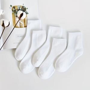 TEMU 여성용 솔리드 컬러 미드캐프 양말 5켤레 세트, 블랙/화이트/그레이 색상