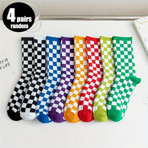 TEMU 여성을 위한 무작위 4 쌍의 양말, 중간 튜브 양말, 컬러 매칭 플레드 트렌디하고 패션적인 고가의 여성용 양말, 봄과 가을에 적합한 얇고 통기성이 좋은 습기를 흡수하는 양말, 스포츠 캐주얼 스타일 칼리지 스타일 우아한 여성용 중간 튜브 양말, 일상적인 사용에 적합합니다.