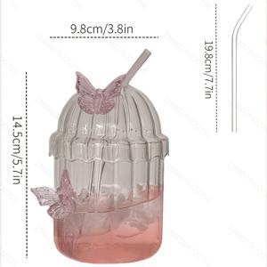 TEMU 1pc 고성능 보로실리케이트 유리 이중 벽 나비 스트로우 컵, 뚜껑 포함 - 귀여운 수직 패턴 디자인, 재사용 가능한 다목적 음료 용기, 우유, 커피, 물 - 손세척만, 커피 컵, 우아한 음료 용기, 투명 유리
