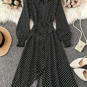 TEMU 우아한 여성용 도트 랜턴 슬리브 블라우스 드레스와 타이 허리 - 검정 & 흰색, 긴 소매, 버튼업 셔츠 드레스 캐주얼 또는 정장 행사용, 캐주얼 의상 | 도트 디자인 | 광택 있는 질감