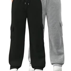 TEMU 여성용 카고 팬츠 2개 세트 - 레드 & 블랙 끈 조절 스웨트팬츠, 다수의 포켓 및 탄력 있는 허리밴드, 발목 커프스, 사계절 편안함을 위한 캐주얼 스포티 스타일, 올시즌 팬츠 | 스포츠 카고 팬츠 | 탄력 있는 허리밴드 팬츠