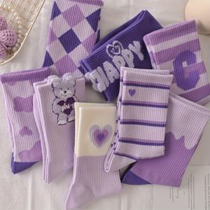 TEMU 5 쌍 여성 중발 양말 - 귀여운 만화 판다 & 하트 패턴, 보라색 & 흰색 소재, 부드러운 리브드 커프, 캐주얼한 의상에 적합한 다용도 양말, 일상적인 착용용 양말 | 재미있는 양말 패턴 | 부드러운 양말